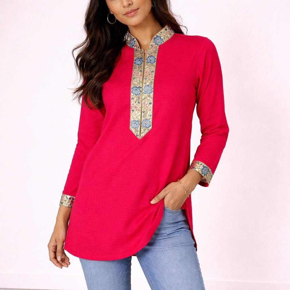 Vintage Boho Pink Tunic Embroidered Long Sleeve Top Fuchsia Pink Small